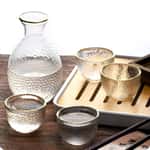【龜泉 龜泉 清酒 換購品】日式清酒杯 玻璃酒杯酒瓶套裝 金邊錘目紋 一瓶四杯