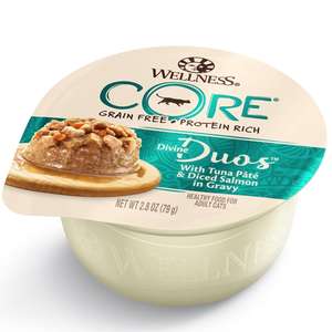 WELLNESS Core 貓罐頭 貓濕糧推薦：WELLNESS CORE 貓罐頭 無穀物 Divine Duos 雙重滋味杯 吞拿魚茸配三文魚肉丁 2.8oz (綠色) (5205)