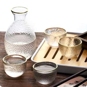 酒杯套裝品配件 日式清酒杯 玻璃酒杯酒瓶套裝 金邊錘目紋 一瓶四杯