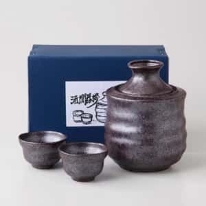 酒杯套裝品配件 日本美濃燒 黑銀彩 溫酒器酒杯酒瓶套裝 大 一瓶兩杯 (2053-4-41)