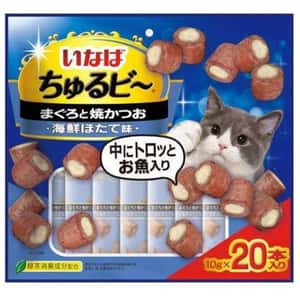 CIAO 貓零食 貓零食 日本INABA 貓零食 軟心零食粒 金槍魚及鰹魚烤扇貝海鮮味 10g 20袋入 (QSC-281) (藍)