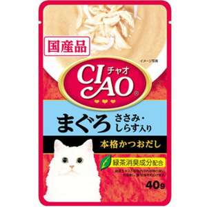 CIAO 貓罐頭 貓濕糧推薦：CIAO 貓濕糧 日本湯底軟包系列 金槍魚+雞肉+白飯魚 40g (IC-202)