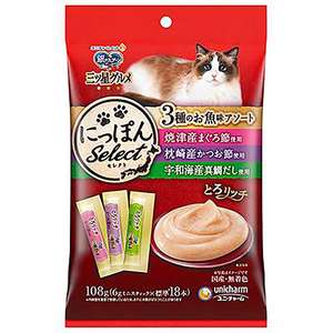 貓零食 寵物零食推薦：Unicharm 貓零食 日本三星銀匙肉泥餐包 金槍魚+鰹魚+真鯛 108g (6g*18個入) (粉紫綠)