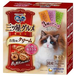 貓零食 寵物零食推薦：Unicharm 貓零食 日本三星銀匙貓脆餅 混合裝 金槍魚+雞肉及鰹魚及雞肉+扇貝 180g (橙紫綠)