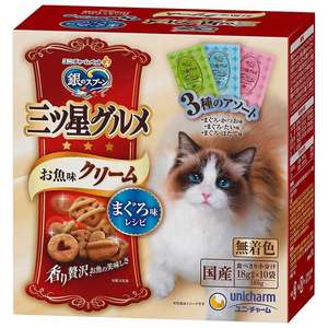 貓零食 寵物零食推薦：Unicharm 貓零食 日本三星銀匙貓脆餅 混合裝 金槍魚+鰹魚及鯛魚及扇貝 180g (綠藍粉)