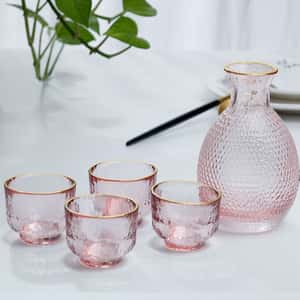 日式清酒杯 玻璃酒杯酒瓶套裝 錘目紋 一瓶四杯 (淺粉紅) (圖片3)