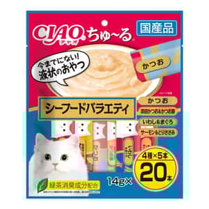 CIAO 貓零食 貓零食 CIAO 肉泥 貓零食 鰹魚及沙丁魚及金槍魚及三文魚及雞肉醬 14g 20本袋裝 (藍) (SC-196)