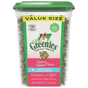 Greenies 貓零食 寵物零食推薦：Greenies Feline貓齒靈 貓零食 貓貓潔齒餅 珍寶桶 三文魚味 9.75oz (10205316)