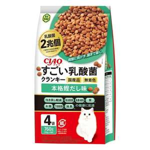 CIAO 貓糧 貓乾糧推薦：CIAO 貓糧 日本2兆個乳酸菌 本格鰹魚湯味 190g 4袋入 (綠) (P-305)