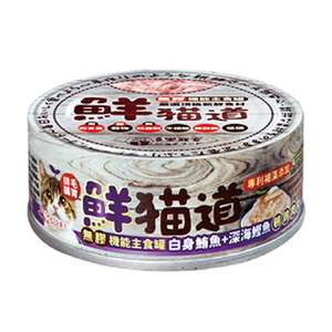 喜樂寵宴 貓罐頭 貓濕糧推薦：鮮貓道 貓罐頭 主食罐 鮪魚+鰹魚 鵪鶉肉片 82g (青罐) (JF-6679) 