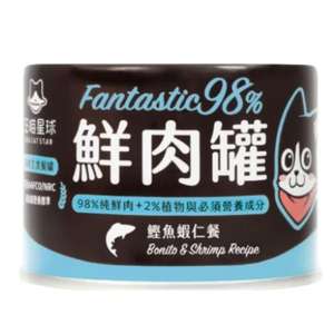 汪喵星球 貓罐頭 貓濕糧推薦：汪喵星球 貓罐頭 DogCatStar 貓用98% 鮮肉無膠主食罐 鰹魚蝦仁 165g (FM121)