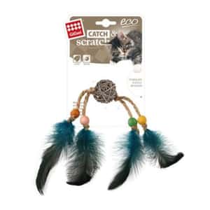 逗貓棒 貓玩具 GiGwi Catch & Scratch藤球鈴鐺 藍羽毛 (7275)