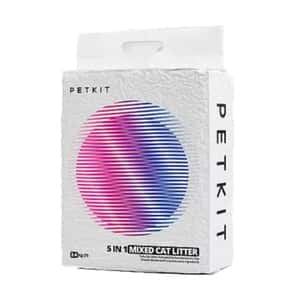 PetKit 5 in 1 Mixed Cat Litter包裝，白色袋子3kg，附紫藍漸層圓形圖案和PetKit品牌標誌