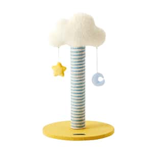 PetKit雲朵形貓抓柱，藍色條紋柱身配黃色底座，附黃色星星和藍色月亮吊飾