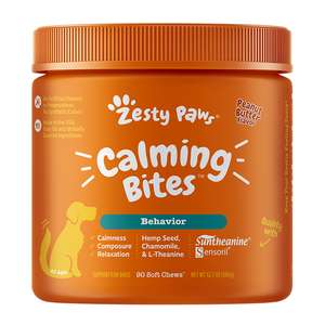 Zesty Paws 狗狗保健用品推薦：Zesty Paws 舒緩放鬆 舒緩咀嚼軟粒 花生醬味 CALMING BITES PEANUT BUTTER 90CT JAR (003267)