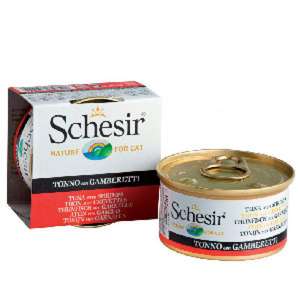 貓罐頭 貓濕糧推薦：Schesir 啫喱貓罐頭 吞拿魚及鮮蝦飯 85g