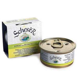 貓罐頭 貓濕糧推薦：Schesir 湯煮貓罐頭 吞拿魚及白飯魚 70g