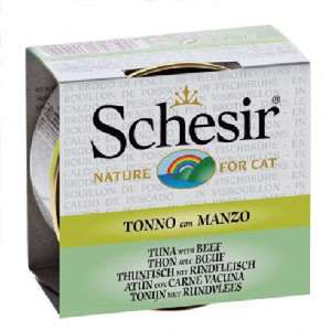 貓罐頭 貓濕糧推薦：Schesir 湯煮貓罐頭 吞拿魚及牛肉飯 70g
