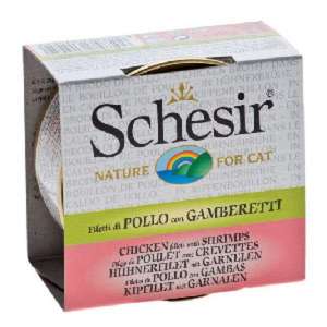 貓罐頭 貓濕糧推薦：Schesir 湯煮貓罐頭 雞肉及蝦肉 70g