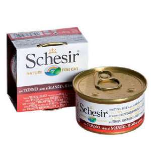 貓罐頭 貓濕糧推薦：Schesir 水煮貓罐頭 吞拿魚及牛肉飯 85g