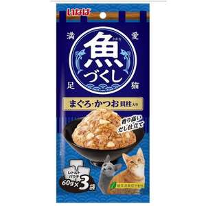 CIAO 貓罐頭 貓濕糧推薦：CIAO 袋裝貓濕糧 日本 INABA 魚盛 吞拿魚+鰹魚+扇貝 60g×3袋 (TCR-176)