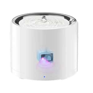 PetKit Smart Pet Drinking Fountain，白色圓形設計，帶濾芯和紫色LED燈，智能寵物飲水機