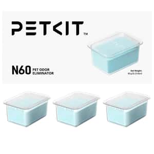 PetKit N60寵物除臭劑，藍色膠狀產品三盒包裝，淨重60g，附PetKit品牌標誌和消除氣味功能