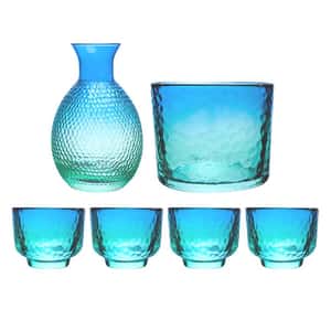 日式清酒杯 玻璃酒杯酒瓶套裝 孔雀藍 一缸一瓶四杯 (圖片3)