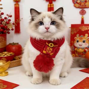 寵物圍巾 新年毛線醒獅發財配飾貓咪圍巾 款式隨機 1套 (圖片3)