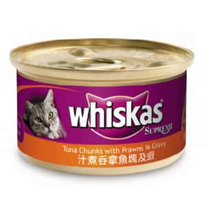 Whiskas 偉嘉 貓罐頭 whiskas偉嘉 極品貓罐頭 汁煮吞拿魚塊及蝦 85g (10030724)