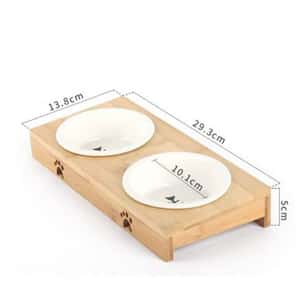 飲食用具 竹架寵物碗 白色陶瓷雙碗 (貓犬用)