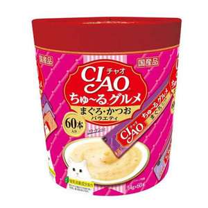 CIAO 貓零食 寵物零食推薦：CIAO 肉泥 貓零食 金槍魚・鰹魚肉醬 14g 60本罐裝 (桃紅) (SC-222)