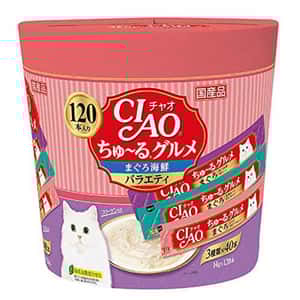 CIAO 貓零食 貓零食 CIAO 肉泥 貓零食 金槍魚．海鮮肉醬 14g 120本罐裝 SC-211 (粉紅紫)