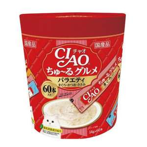 CIAO 貓零食 寵物零食推薦：CIAO 肉泥 貓零食 吞拿魚．鰹魚雞肉肉醬 14g 60本罐裝 (紅) (SC-138)