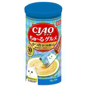 CIAO 貓零食 貓零食 CIAO 肉泥 貓零食 鰹魚肉醬 14g 30本罐裝 (粉藍)
