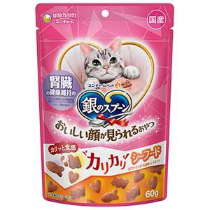 Unicharm 貓零食 寵物零食推薦：Unicharm 貓零食 日本三星銀匙貓脆餅 腎臓健康配方 海鮮味 60g (桃紅)