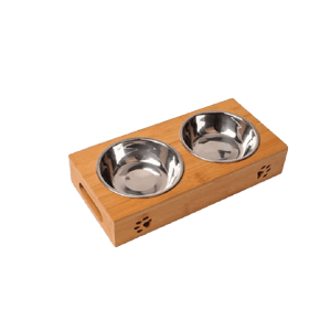 飲食用具 竹架寵物碗 銀色不銹鋼雙碗 (貓犬用)