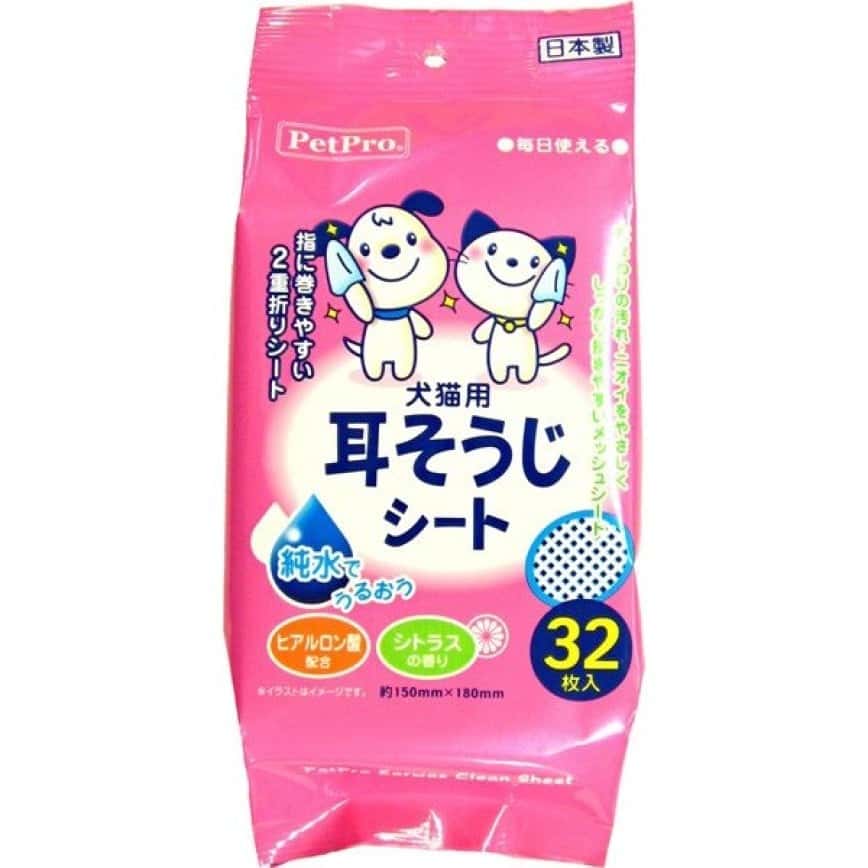 日本PetPro 耳部去耳垢清潔濕紙巾 32枚入 (貓犬用) (粉紅) (圖片2)