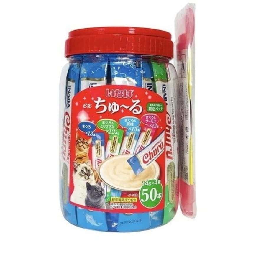 CIAO 貓零食 日本綜合三文魚貝柱金槍魚肉醬 14g 50本罐裝 (藍) - 限定品 (圖片2)