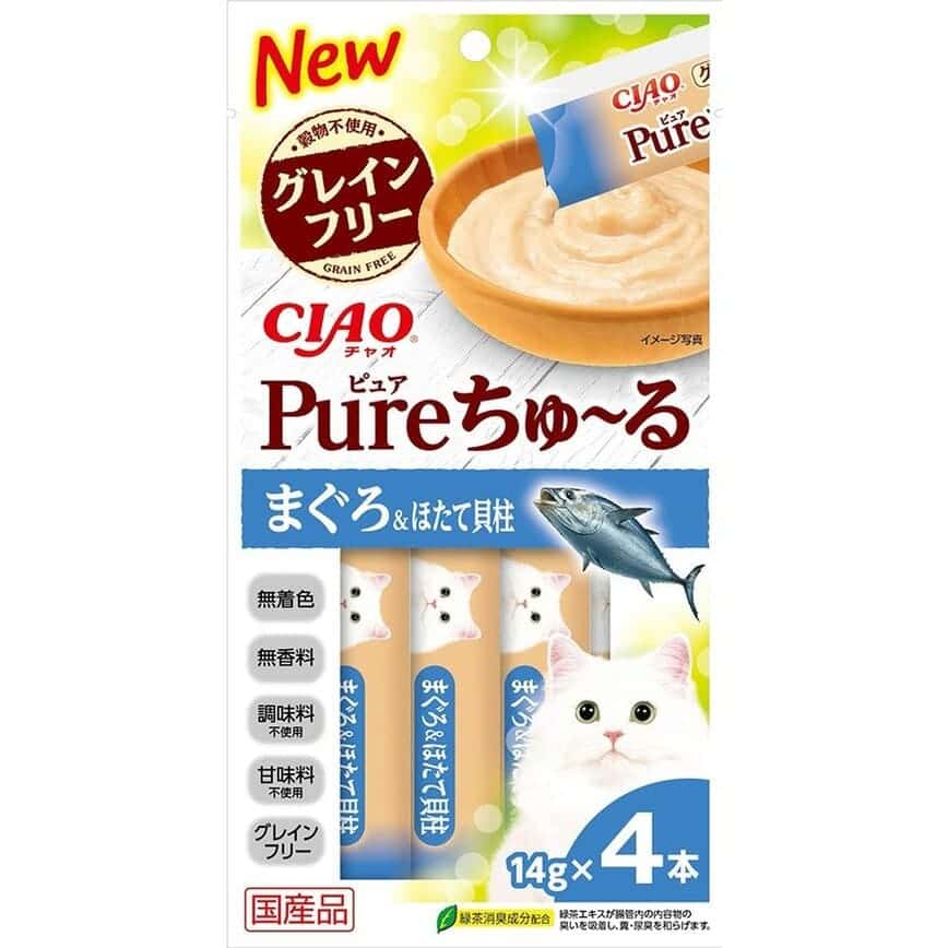 CIAO 肉泥 貓零食 Churu Pure 無添加吞拿魚帶子肉醬 14g 4本入 (SC-322) (圖片2)