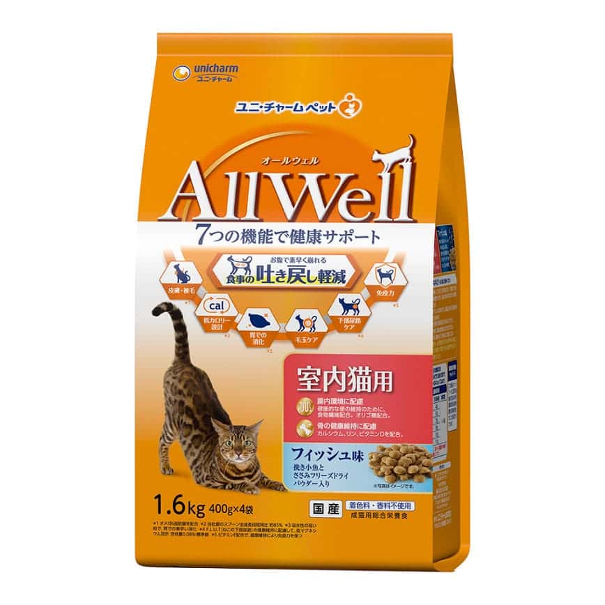 日本Allwell 室內成貓用 減嘔吐機率配方貓糧 綜合魚味 1.6kg (圖片2)