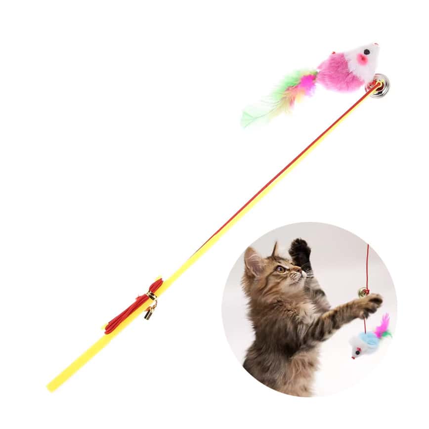 HelloDOG 玩具嚴選 吊吊小老鼠羽毛逗貓棒 1支 (顏色隨機) (圖片2)