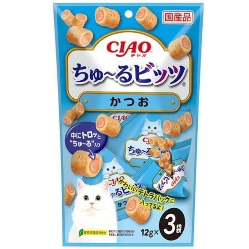 CIAO 貓零食 日本軟心零食粒 鰹魚味 12g 3袋入(淺藍) (CS-173) (圖片2)