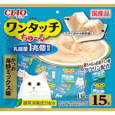 CIAO 貓零食 日本 One Touch 1兆個乳酸菌肉泥杯 鰹魚海鮮味 13g 15個入 (SC-316) (圖片2)