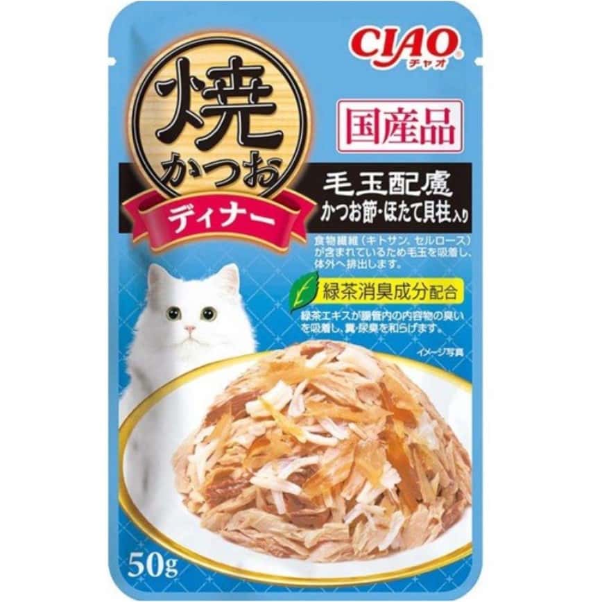 CIAO 貓濕糧 日本燒鰹魚晚餐包 毛玉配慮 鰹魚+扇貝 50g (淺藍) (IC-238) (圖片2)
