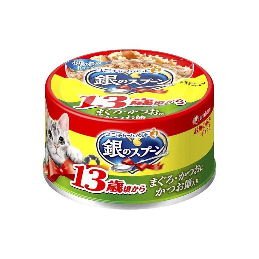 Unicharm 貓罐頭 日本三星銀匙 13歲高齡貓用 吞拿魚鰹魚+鰹魚乾 70g (綠黃) (圖片2)