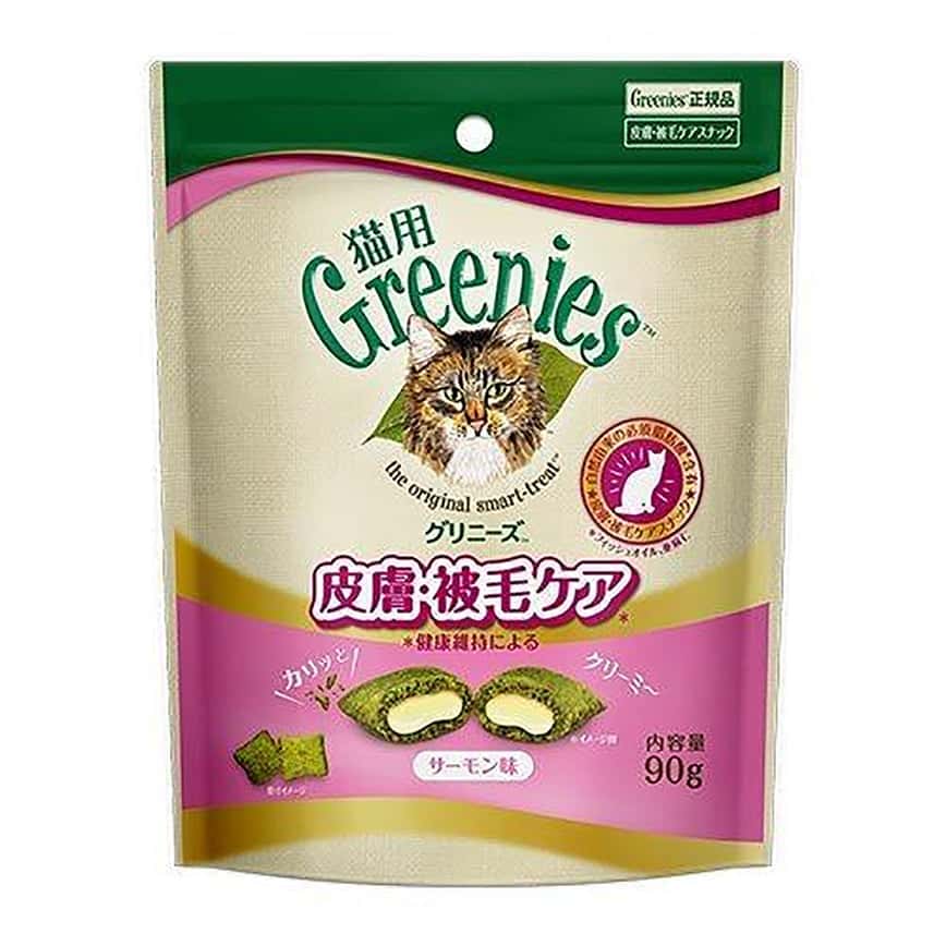日本Greenies貓齒靈 貓零食 夾心脆餅 健康維持系列 皮膚毛髮護理配方 三文魚 90g (粉紅) (圖片2)