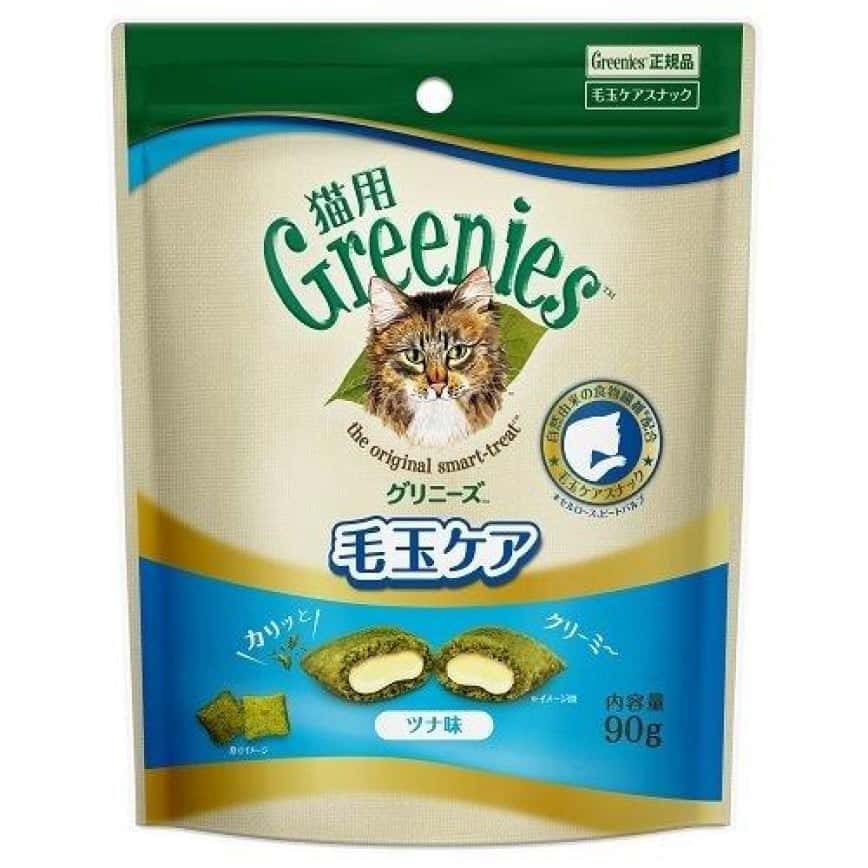 日本Greenies貓齒靈 貓零食 夾心潔齒餅 毛玉配方 吞拿魚味 90g (藍) (圖片2)