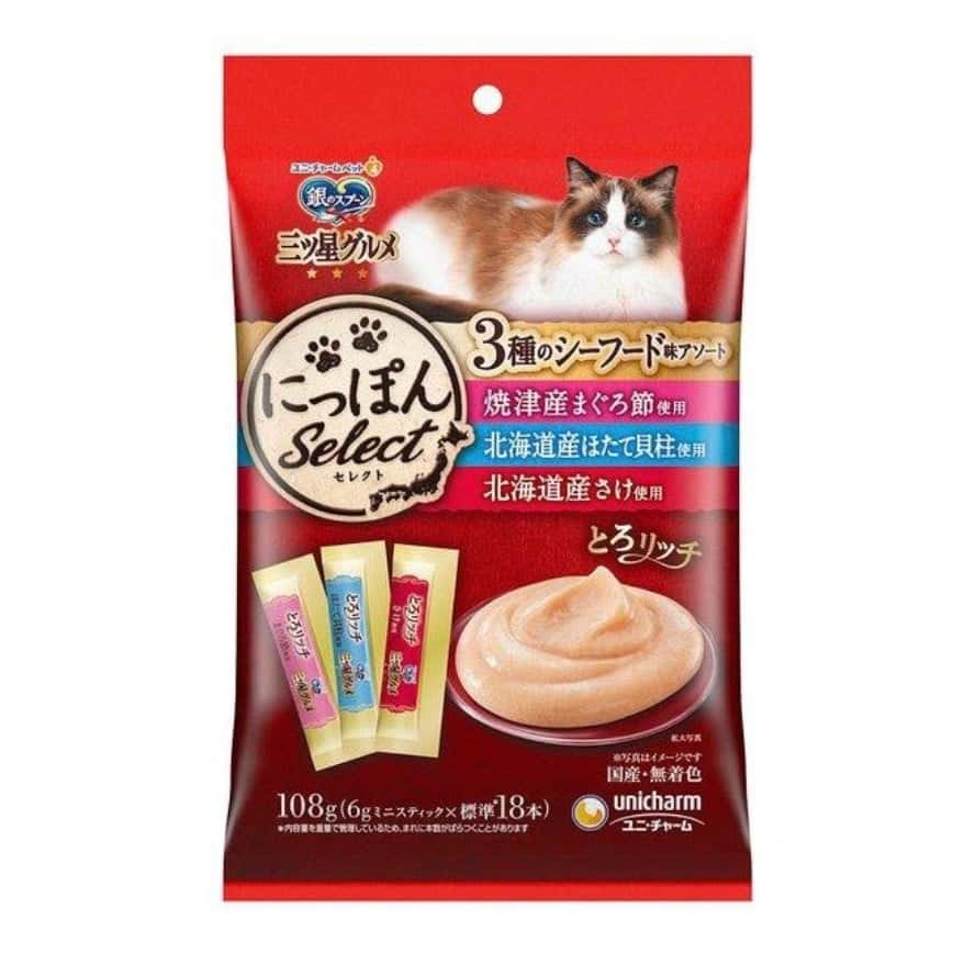 Unicharm 貓零食 日本三星銀匙肉泥餐包 金槍魚+扇貝+三文魚 108g (6g*18個入) (粉藍紅) (圖片2)