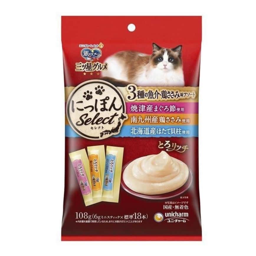 Unicharm 貓零食 日本三星銀匙肉泥餐包 金槍魚+雞肉+扇貝 108g (6g*18個入) (粉橙藍) (圖片2)